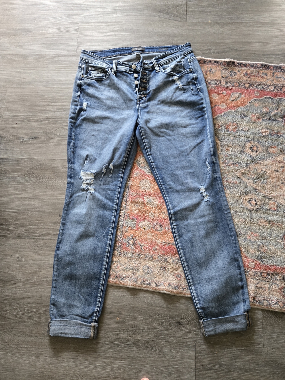 Judy Blue Button Fly Jeans Women’s Size 13 Distressed Stretch Denim Mid Rise